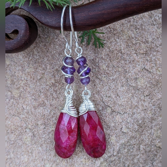 Artisan Ruby Earrings Sterling Silver With Amethyst Gemstones - Picture 7 of 12